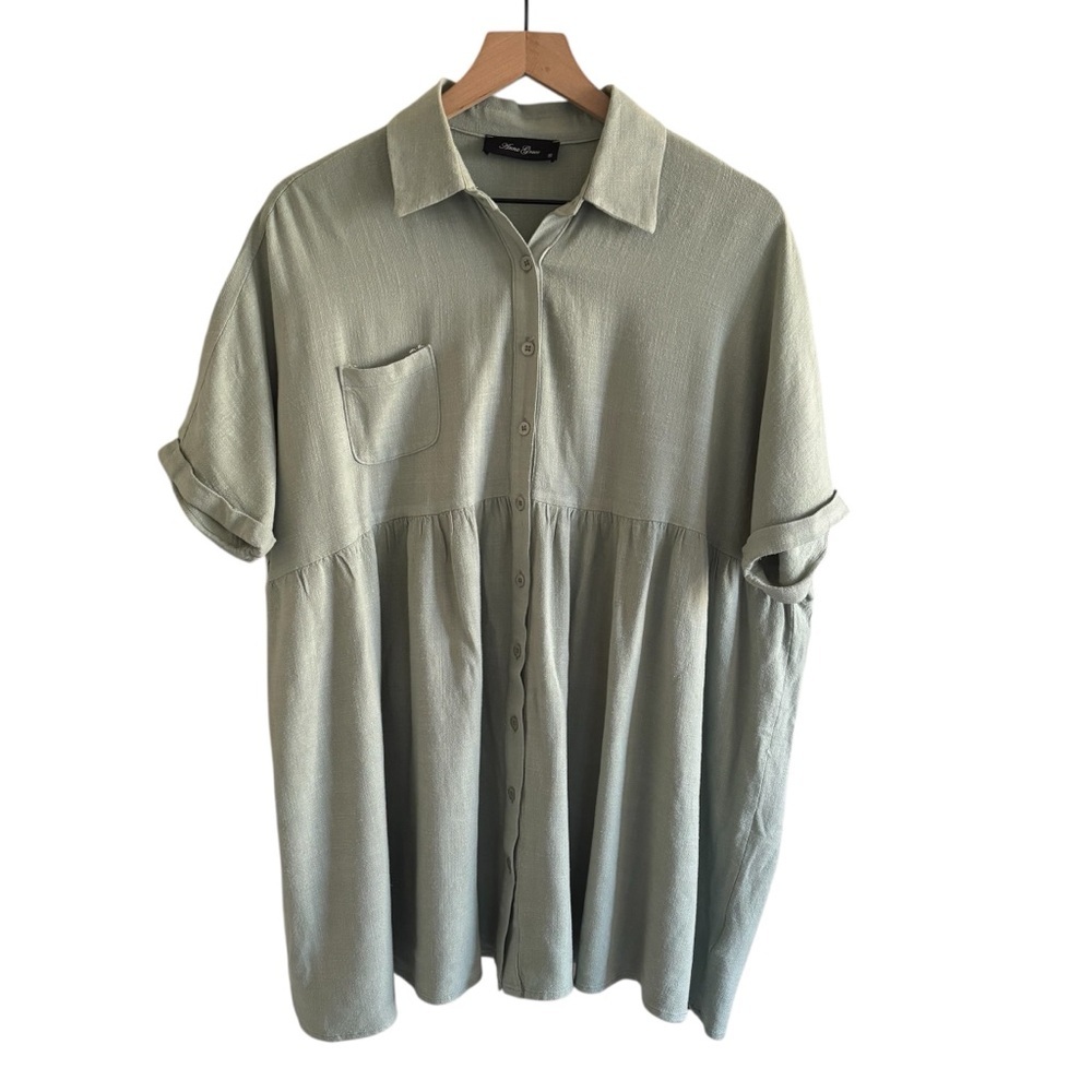 Anna Grace Linen Blend Babydoll Dress Small Sage Green Button Front Cottagecore